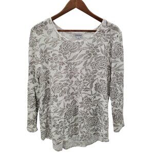 Lucky Brand Womens Linen Blend‎ Floral Long Sleeve Shirt Top Large L White Gray